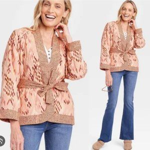 Knox Rose Quilted Kimono Jacket NWT Size LARGE Pink Ikat print